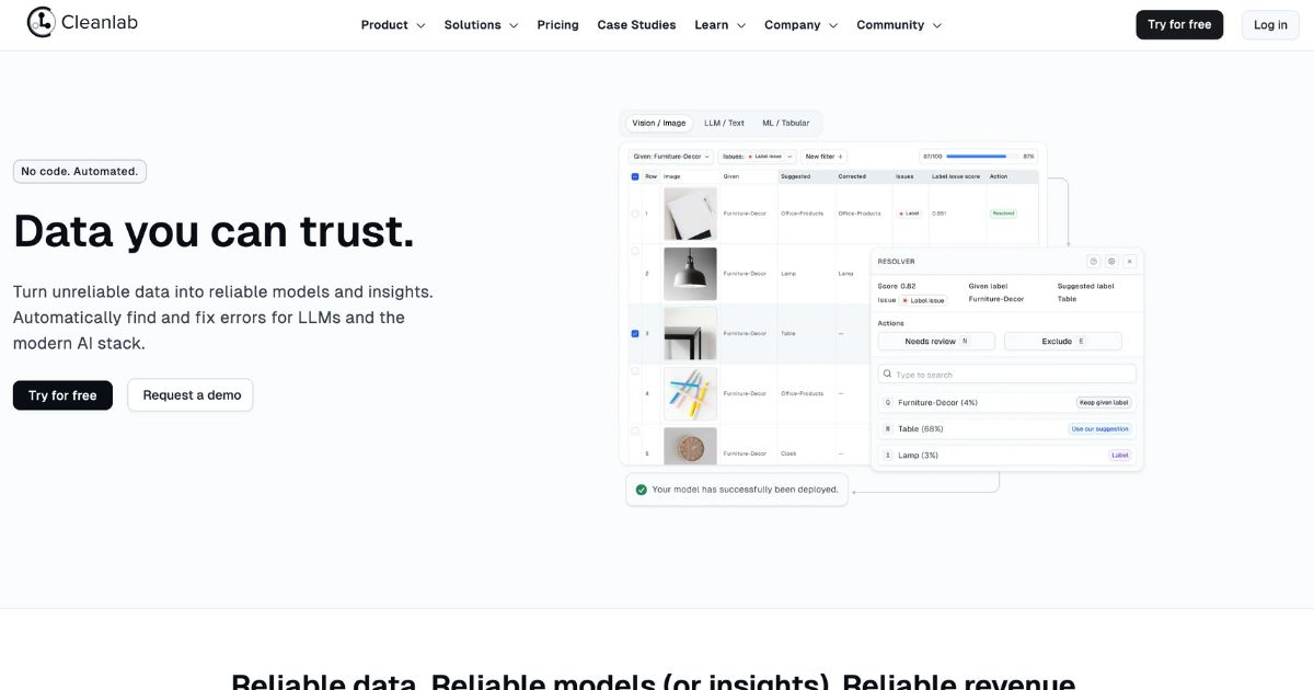 Cleanlab Studio: Trustworthy data for reliable insights