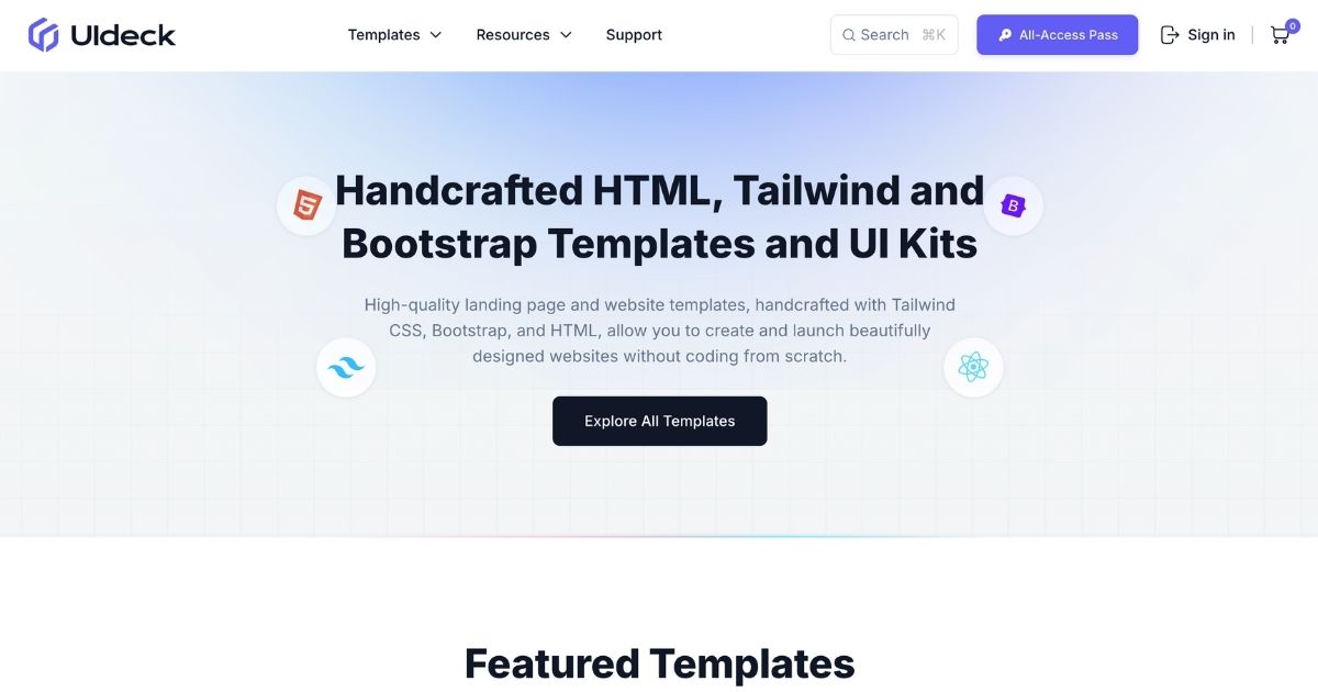 UIdeck: HTML, Bootstrap, and Tailwind templates and UI kits